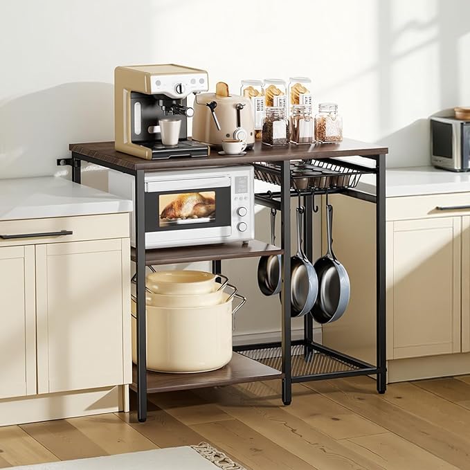VEVOR Bakers Rack, 35.4 inch Width Microwave Stand,Kitchen Stand with X-Shaped Support Bar & 5 S-Shaped Hooks,Kitchen Storage Shelf for Dish Storage, Spice Jars, Coffee Bar Organization