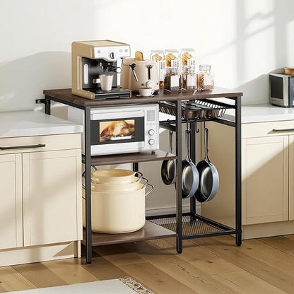 VEVOR Bakers Rack, 35.4 inch Width Microwave Stand,Kitchen Stand with X-Shaped Support Bar & 5 S-Shaped Hooks,Kitchen Storage Shelf for Dish Storage, Spice Jars, Coffee Bar Organization
