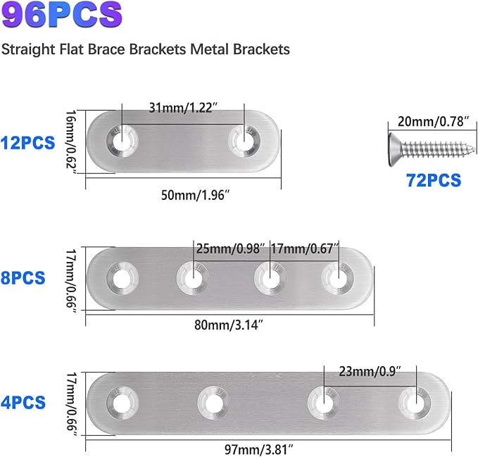 mxuteuk 96PCS Stainless Steel Straight Flat Brackets,Metal Bracket,Mending Plate,Metal Brackets for Wood (50mm/80mm/100mm)