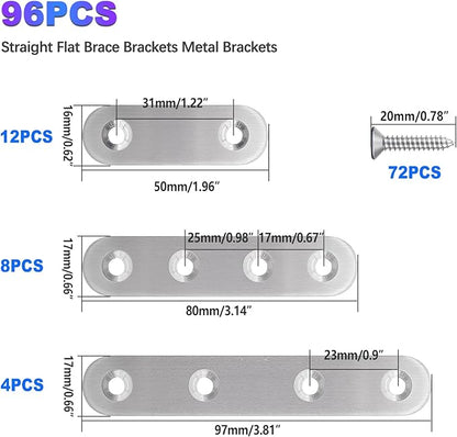 mxuteuk 96PCS Stainless Steel Straight Flat Brackets,Metal Bracket,Mending Plate,Metal Brackets for Wood (50mm/80mm/100mm)