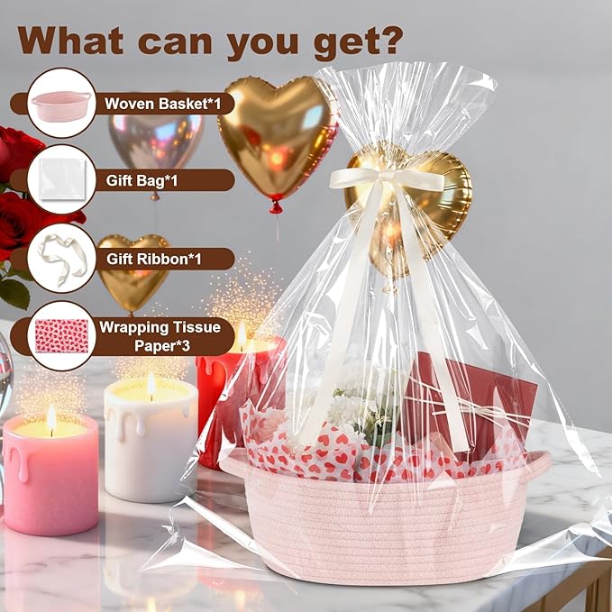 OIAHOMY Gift Basket with Handle, Valentine's Day Woven Basket with Gift Bag, Ribbon and Wrap Tissue Paper, Nursery Bins Empty to Fill with Small Items, Baby, Pet Toy Organiser - Valentine's Pink