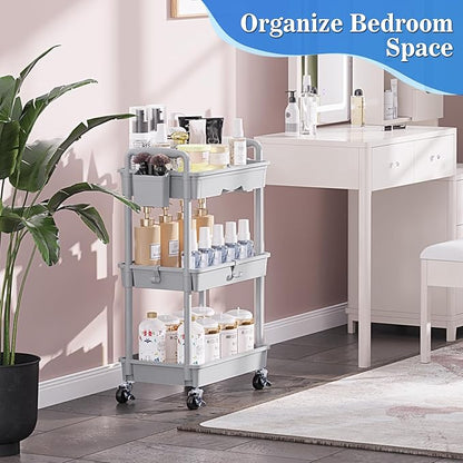 3 Tier Rolling Cart with Drawer, Bathroom Storage Organizer with 2 Lockable Wheels, Multifunctional Rolling Storage Cart for Bathroom, Kitchen, Office, Craft, Makeup, Baby Essentials, Gray