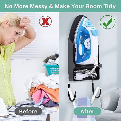 Ironing Board Hanger Wall Mount, Iron Hanger with Ironing Board Rack, Heat Resistant Iron Holder Wall Mount for Max 5 Inch Width (Black)