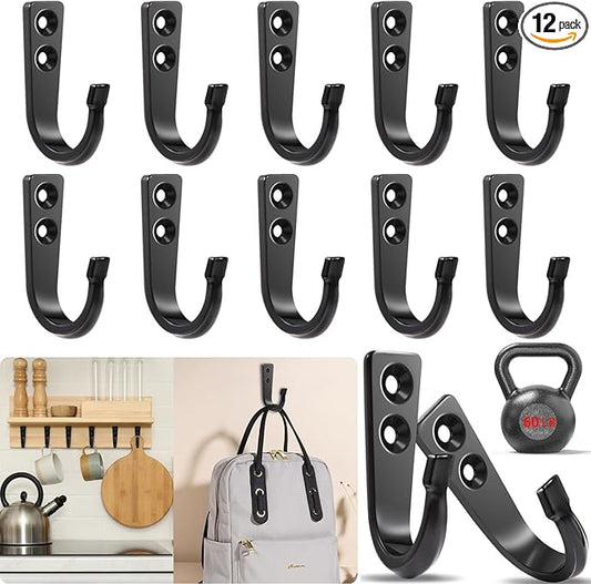 WODEGIFT 12 Pcs Metal Wall Hooks, Coat Hook, Hooks for Hanging，Suitable for Towels, Hats, Jackets, Backpacks, Keys, Coffee Mugs (Black)