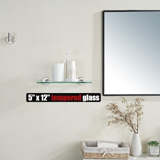 JQK Bathroom Glass Shelf, Tempered Glass Shower Storage 12 by 5 inches, 304 Stainless Steel Brushed Finish Wall Mount, TGS101L12-BN