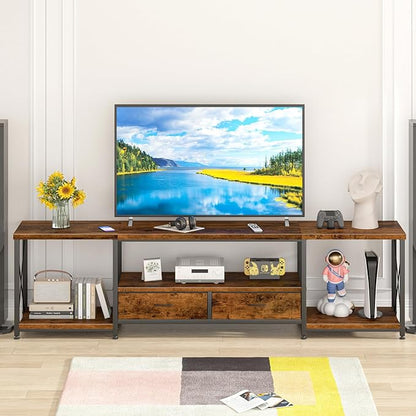 GYIIYUO TV Stand with Fabric Drawers for 80 85 Inches TV - Entertainment Center and Industrial TV Console Table with Open Storage Shelves for Living Room, Bedroom- 79.1" Rustic Brown