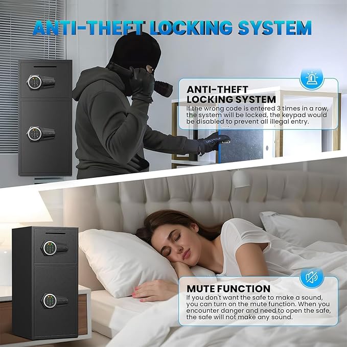 6.5 Cu ft Safe Box Fireproof Waterproof, Home Safe With Removable Shelves & LED Lights, Dual Alarm System + Digital Code Deposit Safe, Cash, Files Storage & Office Use