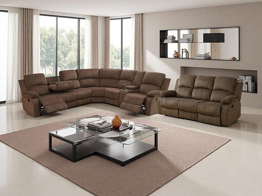 Recliner Sectional Sofa Set, Living Room Furniture Sets,Brown 4-Piece Corduroy Living Room Reclining Sectional Sofa Couch with Drop-Down Table/Cup Holder/Storage Console for Bedroom,Apartment