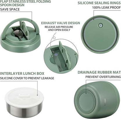 Thermo Food Jar for Hot Food Adults 32OZ Soup Thermo Lunch Containers Wide Mouth Vacuum Insulated Stainless Steel Leakproof Bento Box with Spoon (Green)