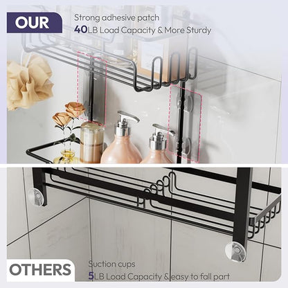 SWTYMIKI Bathroom Shower Caddy Hanging - 3 Tier Rustproof Over Shower Head Organizer, No Drilling Bathroom Shelf with 16 Hooks & Soap Holder, Anti-Swing Rack for Shampoo,Sponge,Towel, Black, Medium