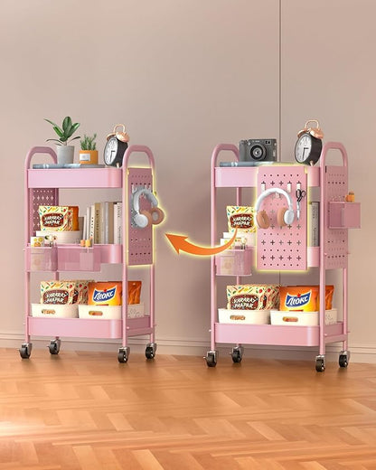 ALVOROG 3 Tier Rolling Cart with DIY Pegboards Metal Utility Cart with Wheels Handles Baskets Hooks, Craft Cart for Office Kitchen Bathroom(Cherry Blossom Pink)