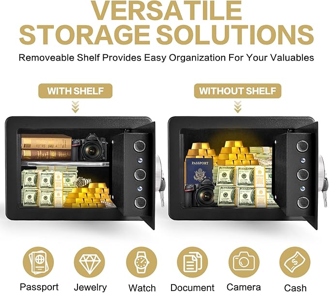 0.6 Cubic Feet Biometric Safe, Fingerprint Safe W/Fireproof Bag, Removable Shelf, Alarm System, Digital Electronic Money Box for Cash, Document, Home, Hotel Use, Black, 9.84"D x 13.78"W x 9.84"H