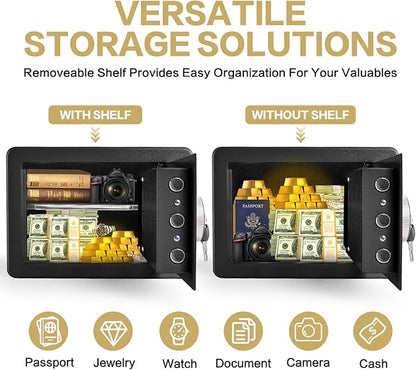0.6 Cubic Feet Biometric Safe, Fingerprint Safe W/Fireproof Bag, Removable Shelf, Alarm System, Digital Electronic Money Box for Cash, Document, Home, Hotel Use, Black, 9.84"D x 13.78"W x 9.84"H