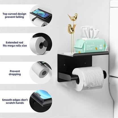 Matte Black Toilet Paper Holder with Shelf, Fits Mega Rolls, Rustproof Stainless Steel, Self Adhesive Wall Mount Toilet Paper Roll Holder, for Bathroom, Washroom, Kitchen, RV