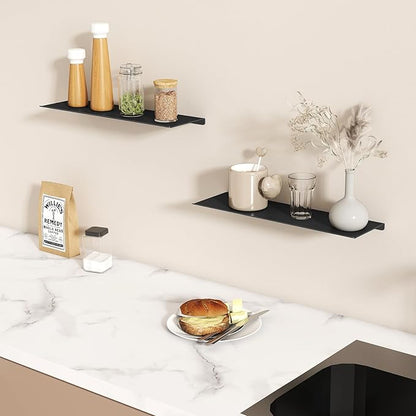 MKO 16" Floating Shelves for Wall, Long Metal Wall Mounted Shelf for Bathroom, Bedroom, Living Room, Kitchen, Display Hanging Shelves for Books/Storage/Room Decor 2 Packs, Black