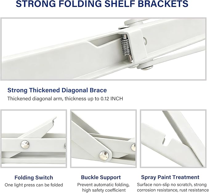 Heavy Duty Folding Shelf Brackets 16 Inch 4-Pack, Collapsible Wall Mounted Metal Brackets for 8 10 12 14 16 18 20 Inch Fold Down Shelves & Tables - Space Saving White Brackets for Kitchen, RV, Garage