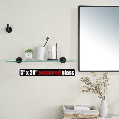 JQK Bathroom Glass Shelf Black, Tempered Glass Shower Storage 20 by 5 inches, 304 Stainless Steel Matte Black Wall Mount, TGS101L20-PB