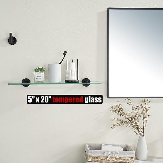 JQK Bathroom Glass Shelf Black, Tempered Glass Shower Storage 20 by 5 inches, 304 Stainless Steel Matte Black Wall Mount, 2 Pack, TGS101L20-PB-P2