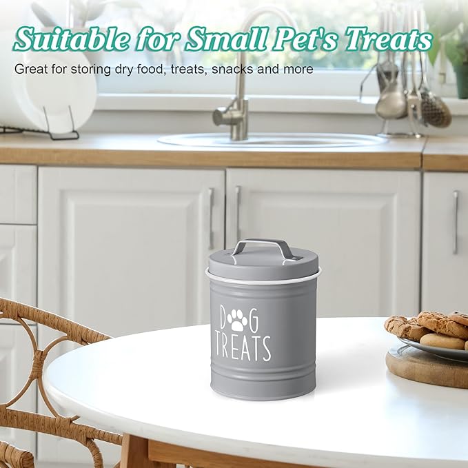 Small Dog Treat Container Airtight - 6" Tall X 4.9" Round Gray Dog Treat Jar for Kitchen Counter - Rustic Treat Storage Canister for Dogs, Cats, Small Animals - Gifts for Pet Owners