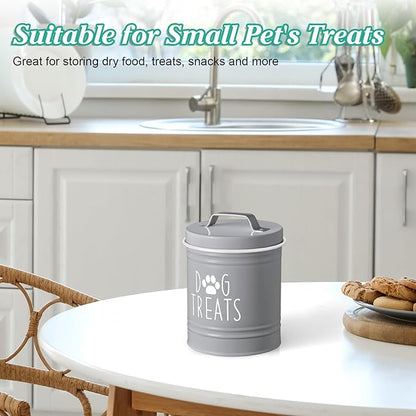 Small Dog Treat Container Airtight - 6" Tall X 4.9" Round Gray Dog Treat Jar for Kitchen Counter - Rustic Treat Storage Canister for Dogs, Cats, Small Animals - Gifts for Pet Owners