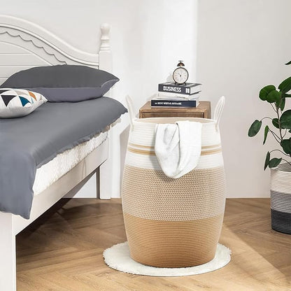 105L Extra Large Woven Laundry Hamper Basket with Heavy Duty Cotton Rope Handles for Clothes and Toys in Bedroom, Nursery Room, Bathroom
