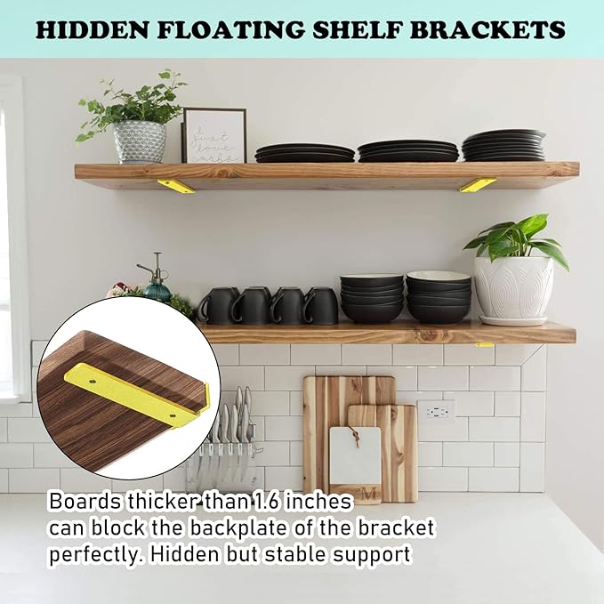 Shelf Brackets Heavy Duty Industrial L Shelf Bracket - 0.2 Inch Thick Premium Solid Steel Shelf Supports, Gold Rustic Wall Brackets for Shelves - 10 Inch Floating Shelves Hardware (6Pcs)