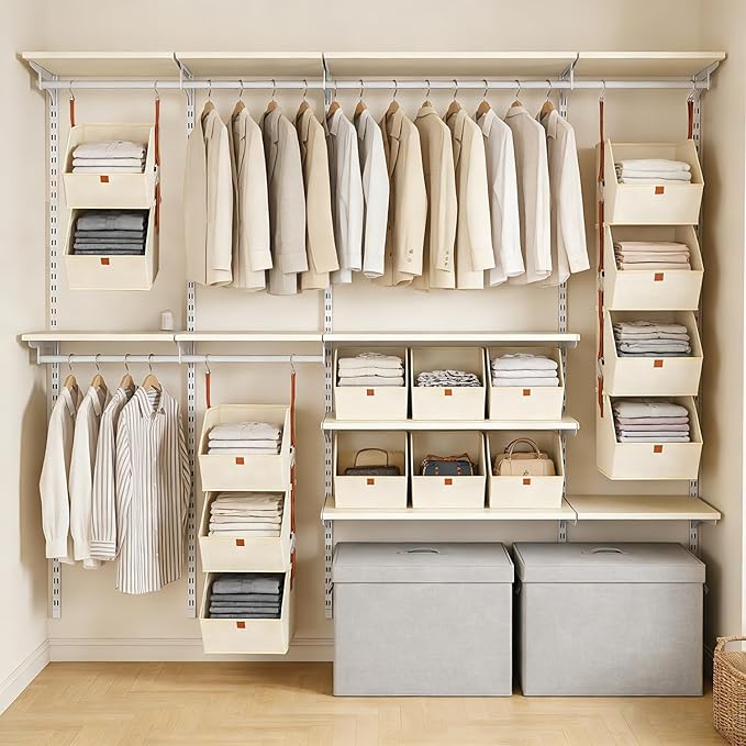 Hanging Closet Organizer 4 Tier, Clothes Hanging Shelves with Foldable Storage Baskets, Space-Saving Closet System for Bedroom, Home, Dorm, RV, Hat, Bags, Shoes