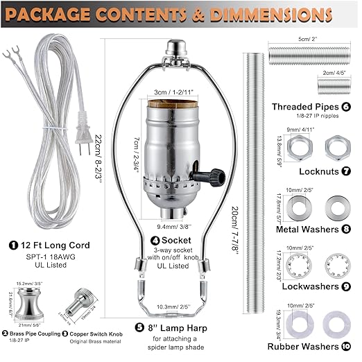 Lamp Making Kit,Make a Lamp or Repair Kit,3-Way Lamp Socket with Matching Cord Lamp Harp Set,Lamp Wiring Kit for Table Floor Lamp,Essential Hardware for DIY Lamp Design or Repair (Silver, 1)