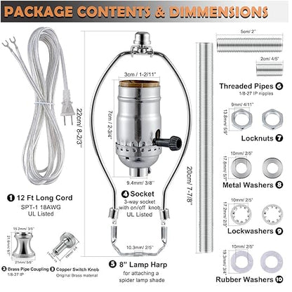 Lamp Making Kit,Make a Lamp or Repair Kit,3-Way Lamp Socket with Matching Cord Lamp Harp Set,Lamp Wiring Kit for Table Floor Lamp,Essential Hardware for DIY Lamp Design or Repair (Silver, 1)