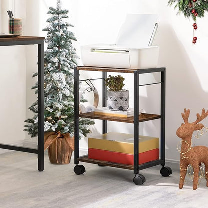 Printer Stand, 3-Tier Under Desk Rolling Cart with Storage Shelf, Heavy Duty Printer Table with Wheels for Home and Office, Printer Shelf with 2 Hooks, Small Spaces, Rustic Brown PTHR4001Z