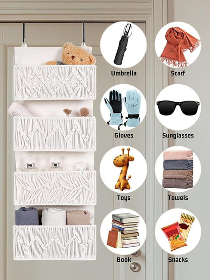 Macrame Over the Door Organizer Boho Decor Nursery Storage, Leaf Weaving Closet Organizers and Storage，with 4 Hanging Pockets, Behind Door for Bathroom, Bedroom