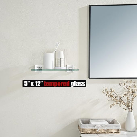 JQK Bathroom Glass Shelf Chrome, Tempered Glass Shower Storage 12 by 5 inches, 304 Stainless Steel Polished Chrome Wall Mount, TGS201L12-CH