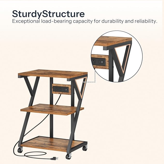 HOOBRO 3-Tier Printer Stand, Mobile Printer Table, Rolling Cart with Charging Station, Home Printer Stand, for Living Room, Kitchen, Office, Rustic Brown and Black BF33UPS01