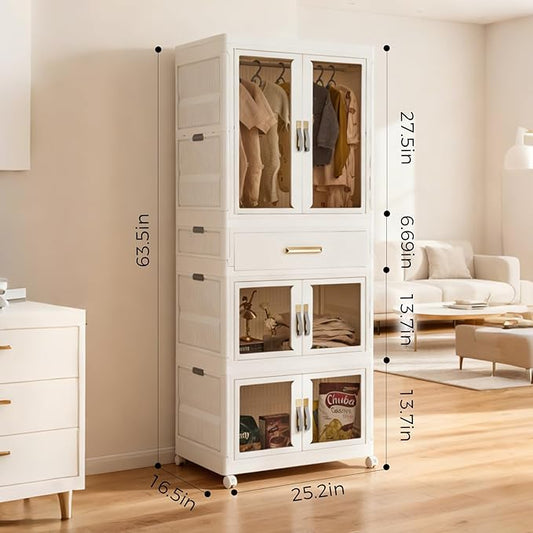 YHB Portable Storage Closet Cabinet, Easy Assembly Wardrobe Organizer with Visualization Doors, Drawers, Hanging Rods, Rolling Wheels for Pet Dog Clothes, Toys, etc for Thanksgiving & Christmas Day