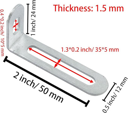 2"x1"x0.5"Adjustable Right Angle Brackets Metal L Bracket Heavy Duty 90 Degree Corner Fastener L-Shape Corner Brace Support Silver Shelf Bracket , 10Pcs