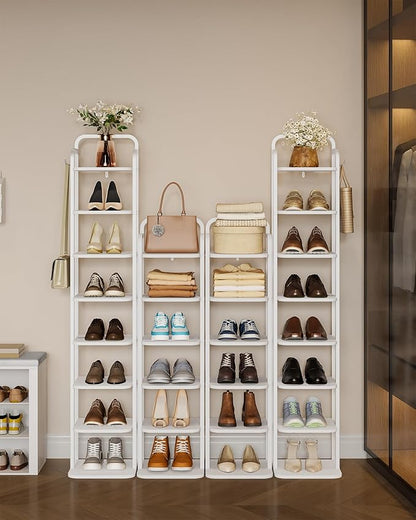 6 Tiers Vertical Shoe Rack, Narrow Shoe Tower, Tall Shoes Shelf with 2 Hooks, Adjustable Shelves, Corner Shoes Shelves for Small Spaces, Entryway, Living Room, White SR04213W