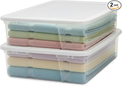 HOMZ 2-Pack Snaplock, Small Clear Plastic Storage Organizer Bins w/ Lids, 28 Quart, White - Stackable Container Boxes for Bedroom, Bathroom, Garage, and Office Organization