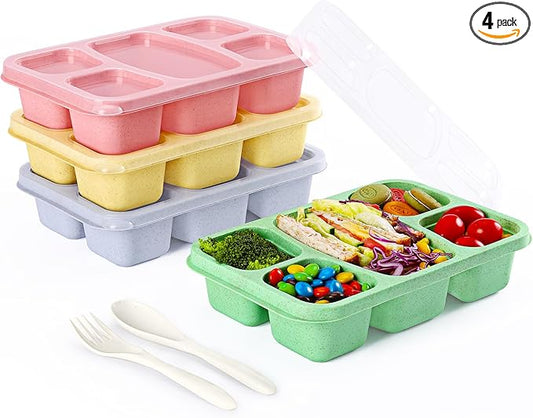Bento Box Adult Lunch Containers 4 Pack, 5 Compartment Reusable Lunchable Containers for Kids, Stackable Snack Box With XXL Space for Sandwiches,Meal Prep for School Travel
