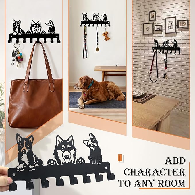 Sticky Hooks for Hanging, Key Holder Wall Mount, Dog Leash Holder for Wall with 8 Heavy Duty Metal Hooks, Screw Mounted Rust-Resistant Entryway Organizer