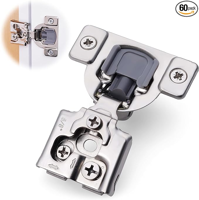 Decobasics 60 Pack Soft Close Cabinet Hinges – 5/8" Overlay for Kitchen Cabinet Doors, Face Frame Concealed Hidden Hinges – Stainless Steel, Self-Closing with 3-Way Adjustment & Slow Close Damper