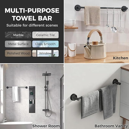 Adjustable Suction Cup Towel Bar for Bathroom Wall,17 Inch~29 Inch Towel Racks for Bathroom,Stainless Steel Bath Towel Holder for Shower(Matte Black)