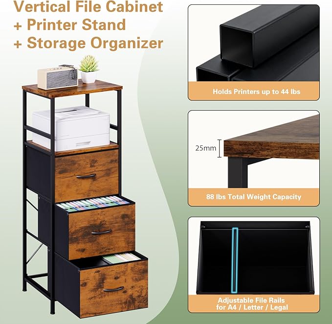 51" H Tall Mobile File Cabinet, Rolling Printer Stand with 3 Drawers, Adjustable Hanging Rails for A4/Letter/Legal Files, Fabric Vertical Filing Cabinet for Home Office, Rustic Brown