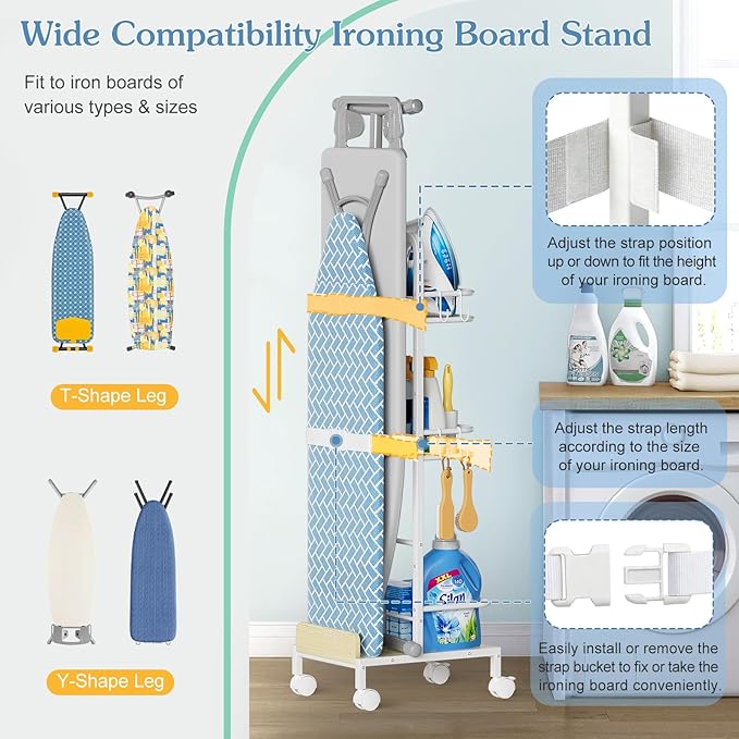 Ironing Board Hanger,Iron and Ironing Board Holder No Wall Mount,Laundry Room Organization and Storage Cart with Iron Stand,Narrow Laundry Shelves Organizer Cabinet,Laundry Room Essentials Accessories
