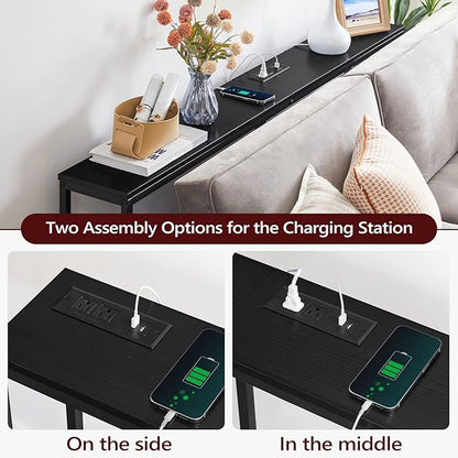 70.9'' Console Table with Power Outlet, Narrow Sofa Table, Industrial Entryway Table with USB Ports, Behind Couch for Entryway, Hallway, Foyer, Living Room, Black CTHB18E01