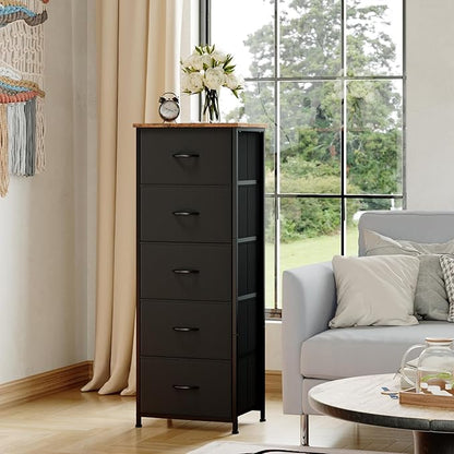 Somdot Tall Dresser for Bedroom, Chest of Drawers Storage Organizer, Non-Woven Fabric Drawers, Closet Bedside Living Room Entryway Hallway, 11.8"D x 16.5"W x 45.1"H (5 Drawers) Black Rustic Brown, 1