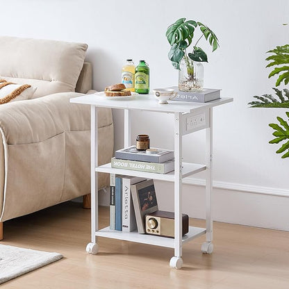 Lerliuo 3-Tier Printer Stand with Charging Station, Industrial Mobile Printer Table with Storage Shelf and Steel Frame, Rolling Printer Cart Holder with Lockable Wheels for Home, Office (White)