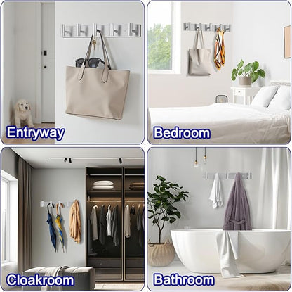 Coat Rack Wall Mount - 5 Hat and Coat Hooks, Heavy Duty Towel Racks for Bathroom Entryway, Wall Hooks for Hanging Robes Bags Scarves Belts, Hat Rack Key Hanger Organizer (Silver)