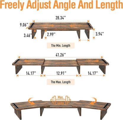 Dual Monitor Stand Riser, Laptop Computer Riser Adjustable Length and Angle, Desktop Wooden Stand 2 Tiers with Storage Organizer for Home Office(Brown)