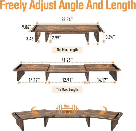Dual Monitor Stand Riser, Laptop Computer Riser Adjustable Length and Angle, Desktop Wooden Stand 2 Tiers with Storage Organizer for Home Office(Brown)