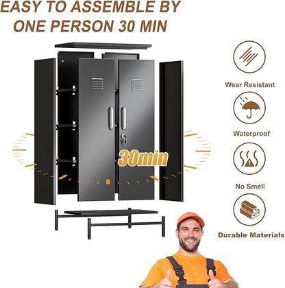 47.24" Metal Storage Locker with Lockable, Employees Metal Steel Locker with 2 Door ＆ 3 Adjustable Shelves, Small Locker Storage Cabinets for Home, School, Office, Gym (Black)
